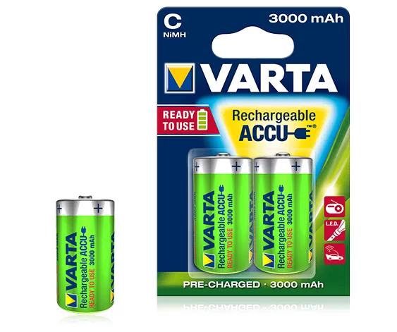 Confezione 2 batterie ricaricabili 1/2 torcia c varta